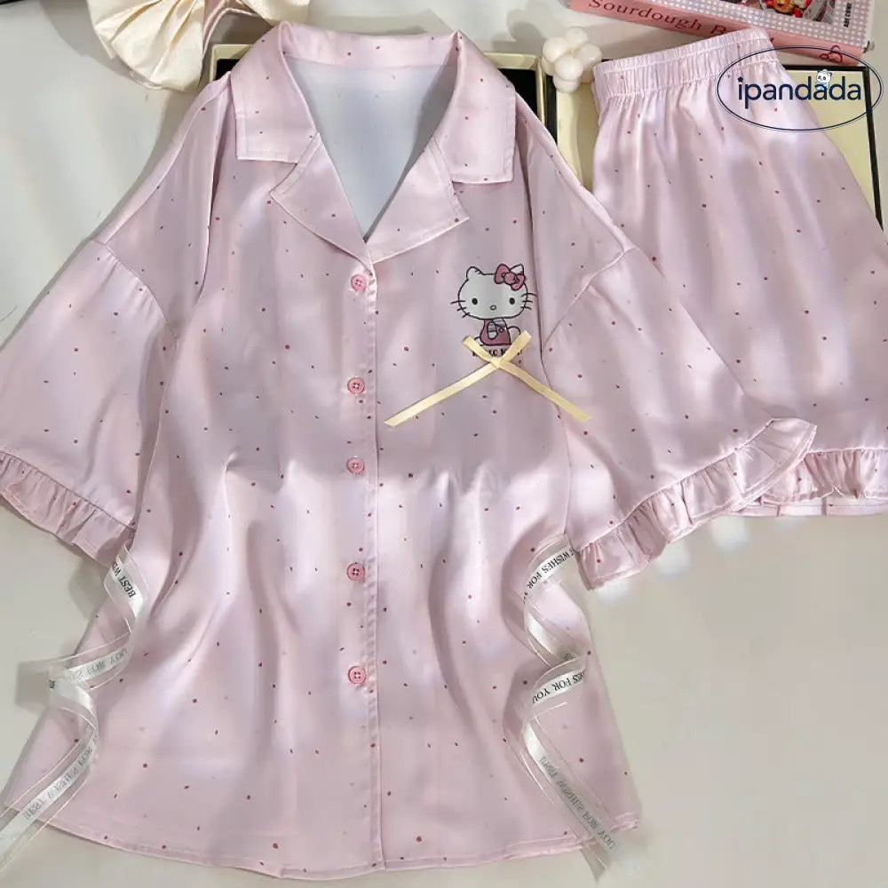 ハローキティ パジャマ レディース アイスシルク 夏 薄手 半袖 ショートパンツ 可愛い キャラクター カジュアル おしゃれ 部屋着 ホームウェア 肌触り 軽量 ストレッチ 人気 お出かけ対応 ルームウェア リラックス 快適 クール 夏用 暑さ 対策 おすすめID1890