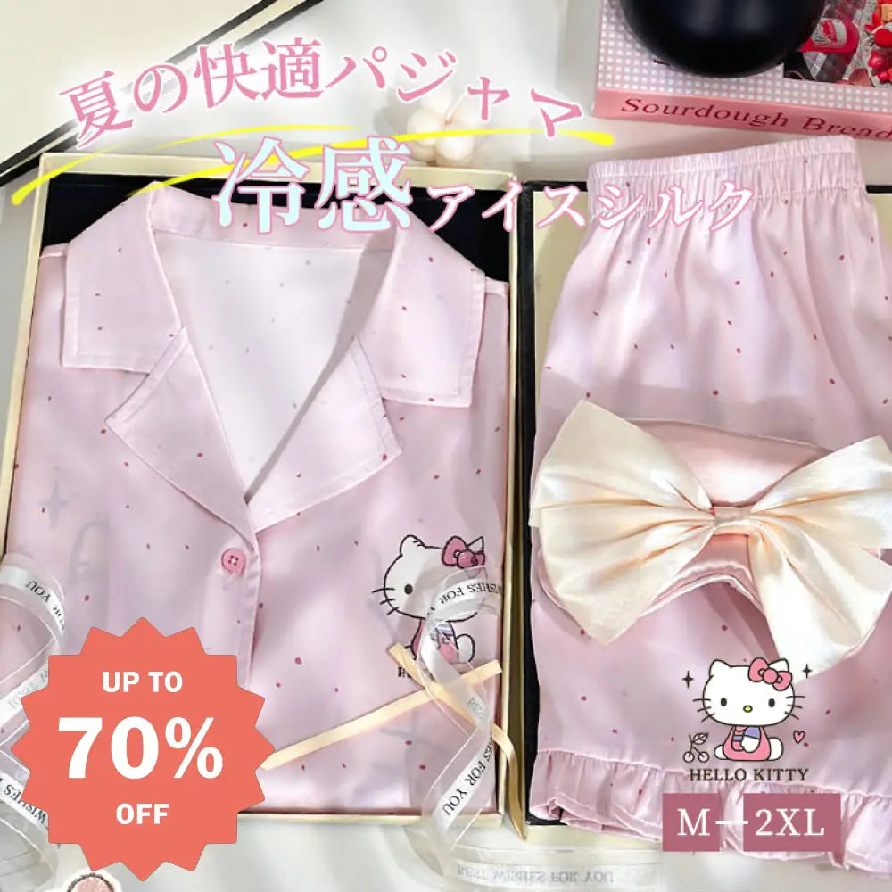 ハローキティ パジャマ レディース アイスシルク 夏 薄手 半袖 ショートパンツ 可愛い キャラクター カジュアル おしゃれ 部屋着 ホームウェア 肌触り 軽量 ストレッチ 人気 お出かけ対応 ルームウェア リラックス 快適 クール 夏用