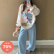 ハローキティ パジャマ レディース 秋冬 珊瑚フリース 厚手 フリース裏起毛 セットアップ かわいい キャラクター ストライプ ホームウェア 暖かい 柔らかい 保温 快適 おしゃれ ルームウェア 自宅用 リラックス 着心地 ナチュラル ID2662