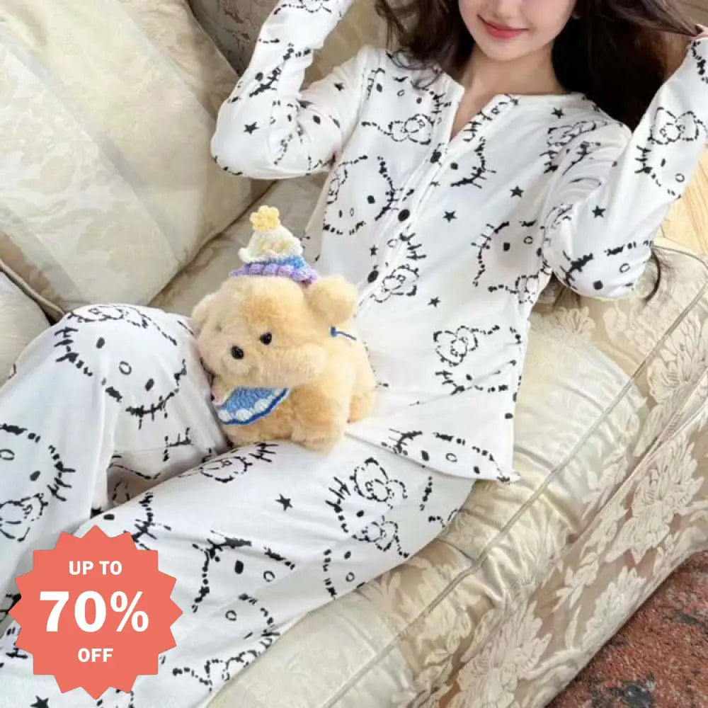 ハローキティ 秋冬 新作 両面フリース パジャマ レディース 甘い かわいい 少女 セットアップ 暖かい 柔らかい 保温 快適 ID2829