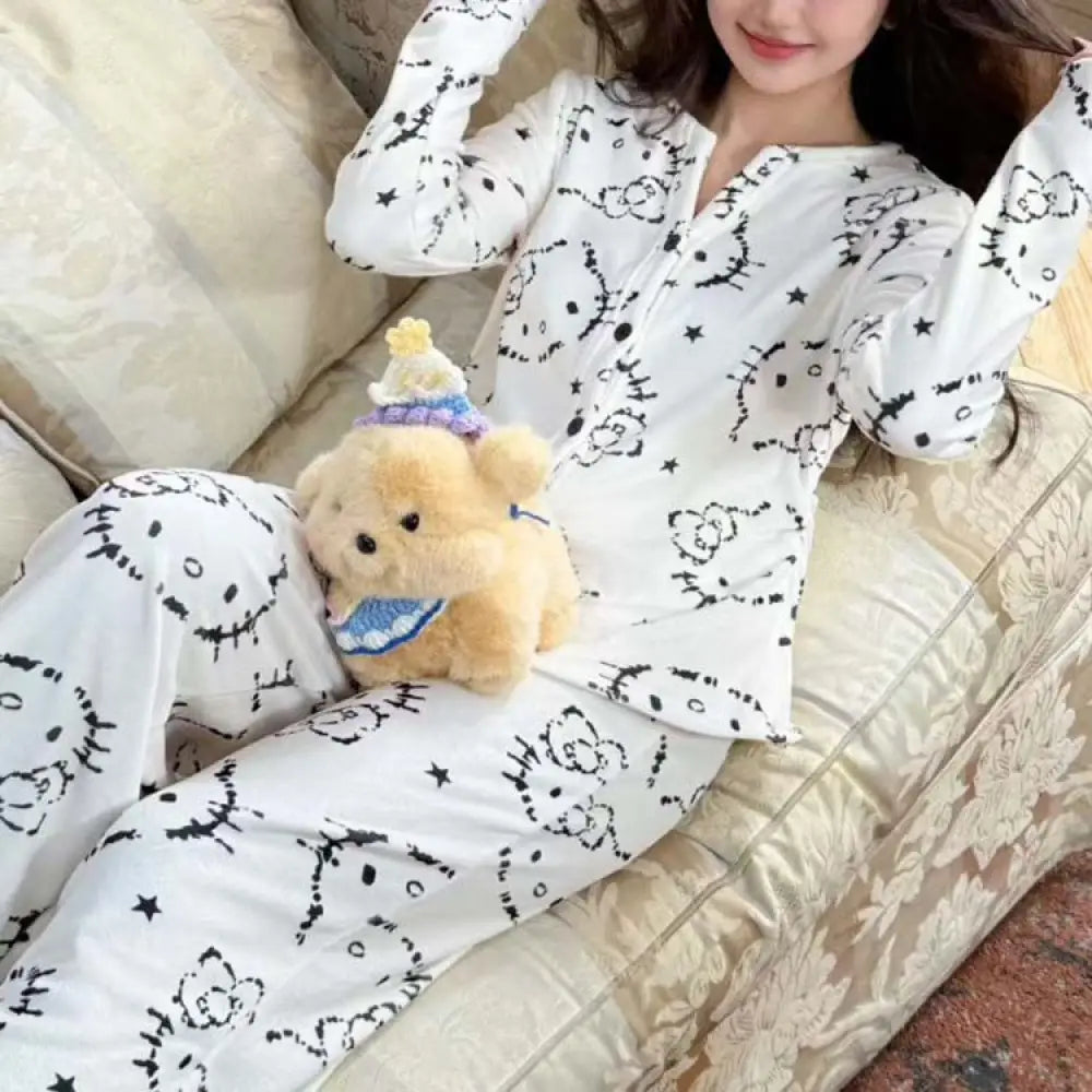 ハローキティ 秋冬 新作 両面フリース パジャマ レディース 甘い かわいい 少女 セットアップ 暖かい 柔らかい 保温 快適 ID2829 長袖＋長パンツ / M レディース＞セットアップ