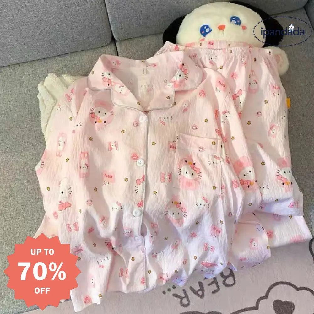 ID695 ハローキティ 雲綿 パジャマセット 長袖 ロングパンツ 猫 イラスト ピンク 女子 学生 かわいい ルームウェア 春夏秋 おうち 外出 可 2点セット ゆったり 吸汗 ピンク / M レディース＞セットアップ