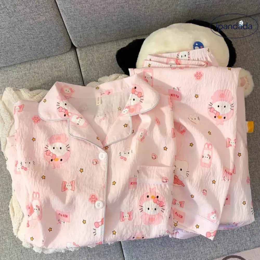 ID695 ハローキティ 雲綿 パジャマセット 長袖 ロングパンツ 猫 イラスト ピンク 女子 学生 かわいい ルームウェア 春夏秋 おうち 外出 可 2点セット ゆったり 吸汗 レディース＞セットアップ
