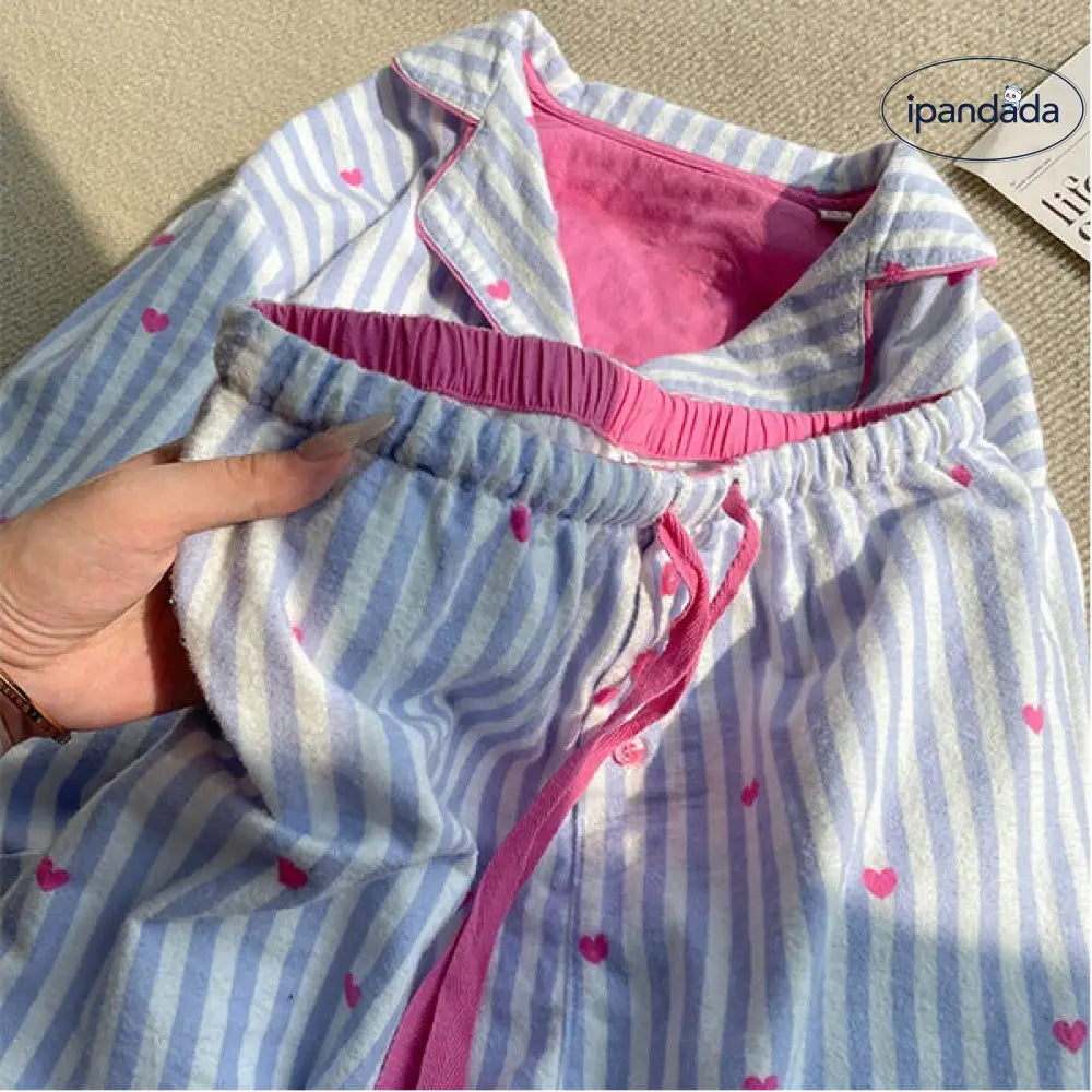 ハート ストライプ パジャマ セット 春秋 新作 長袖 長ズボン ルームウェア かわいい 女子 部屋着 2点セット ID4042