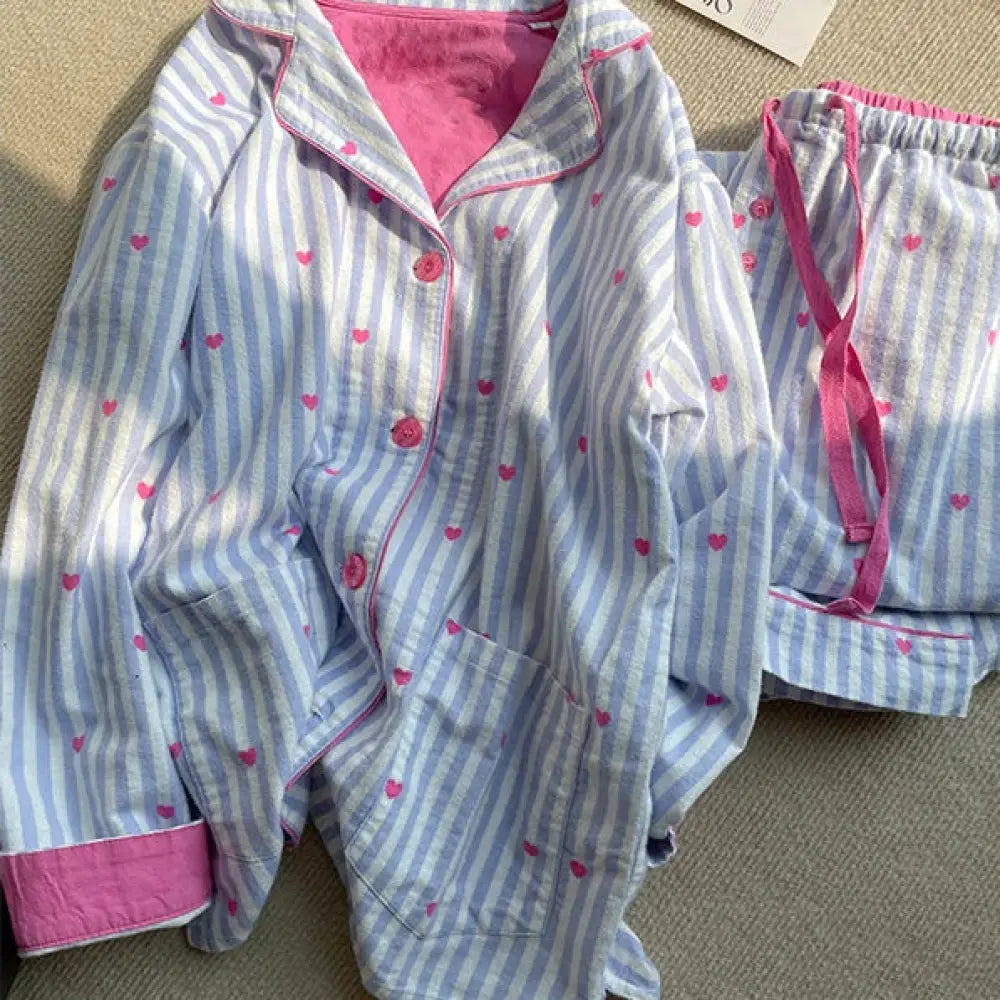 ハート ストライプ パジャマ セット 春秋 新作 長袖 長ズボン ルームウェア かわいい 女子 部屋着 2点セット ID4042 写真通り / S