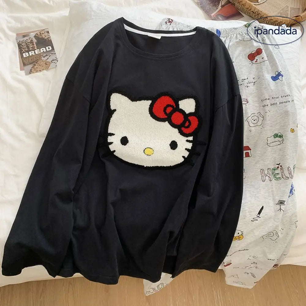 黒 長袖 パンツ ハローキティ 綿100%  レディース パジャマ セットアップ ラウンドネック キャラクター かわいい 外出可 ホームウェア 軽やか 着心地 シンプル ナチュラル ルームウェア 自宅用 ID2667