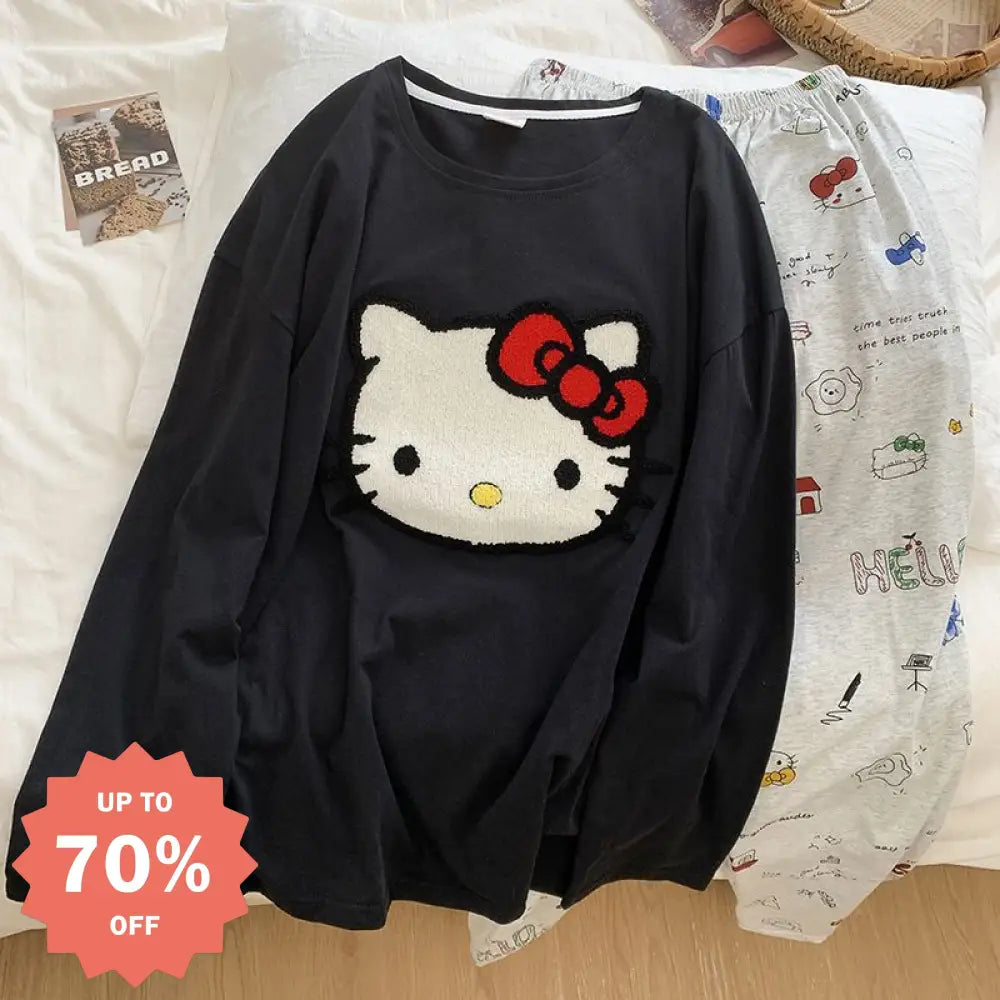 黒 長袖 パンツ ハローキティ 綿100%  レディース パジャマ セットアップ ラウンドネック キャラクター かわいい 外出可 ホームウェア 軽やか 着心地 シンプル ナチュラル ルームウェア 自宅用 ID2667