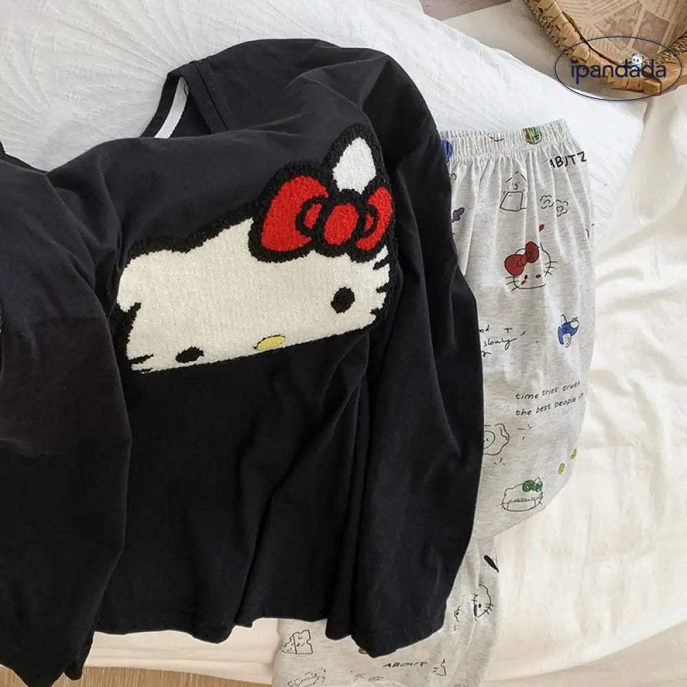 黒 長袖 パンツ ハローキティ 綿100%  レディース パジャマ セットアップ ラウンドネック キャラクター かわいい 外出可 ホームウェア 軽やか 着心地 シンプル ナチュラル ルームウェア 自宅用 ID2667