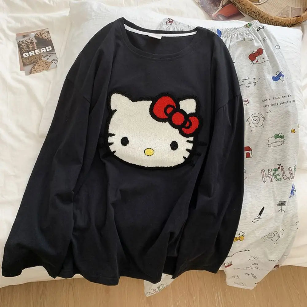 黒 長袖 パンツ ハローキティ 綿100% レディース パジャマ セットアップ ラウンドネック キャラクター かわいい 外出可 ホームウェア 軽やか 着心地 シンプル ナチュラル ルームウェア 自宅用 ID2667 ブラック / M