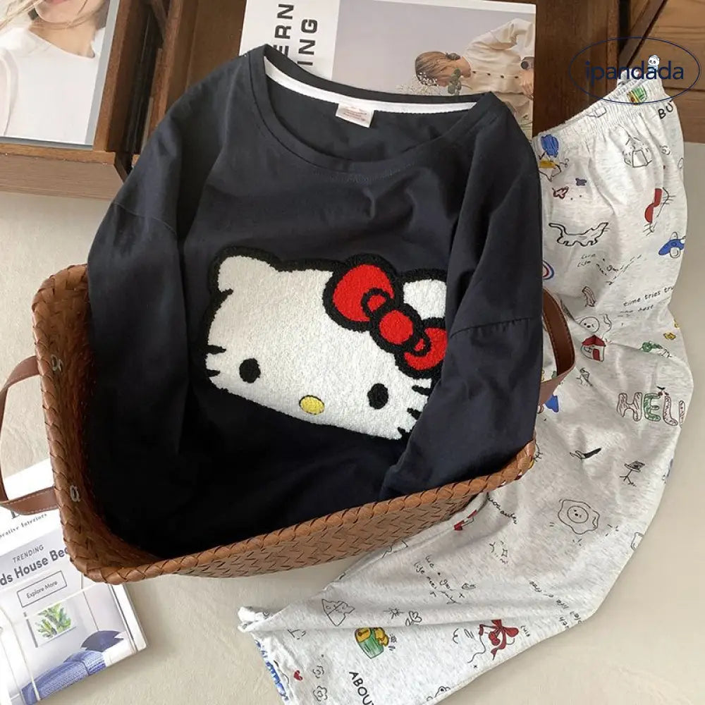 黒 長袖 パンツ ハローキティ 綿100%  レディース パジャマ セットアップ ラウンドネック キャラクター かわいい 外出可 ホームウェア 軽やか 着心地 シンプル ナチュラル ルームウェア 自宅用 ID2667