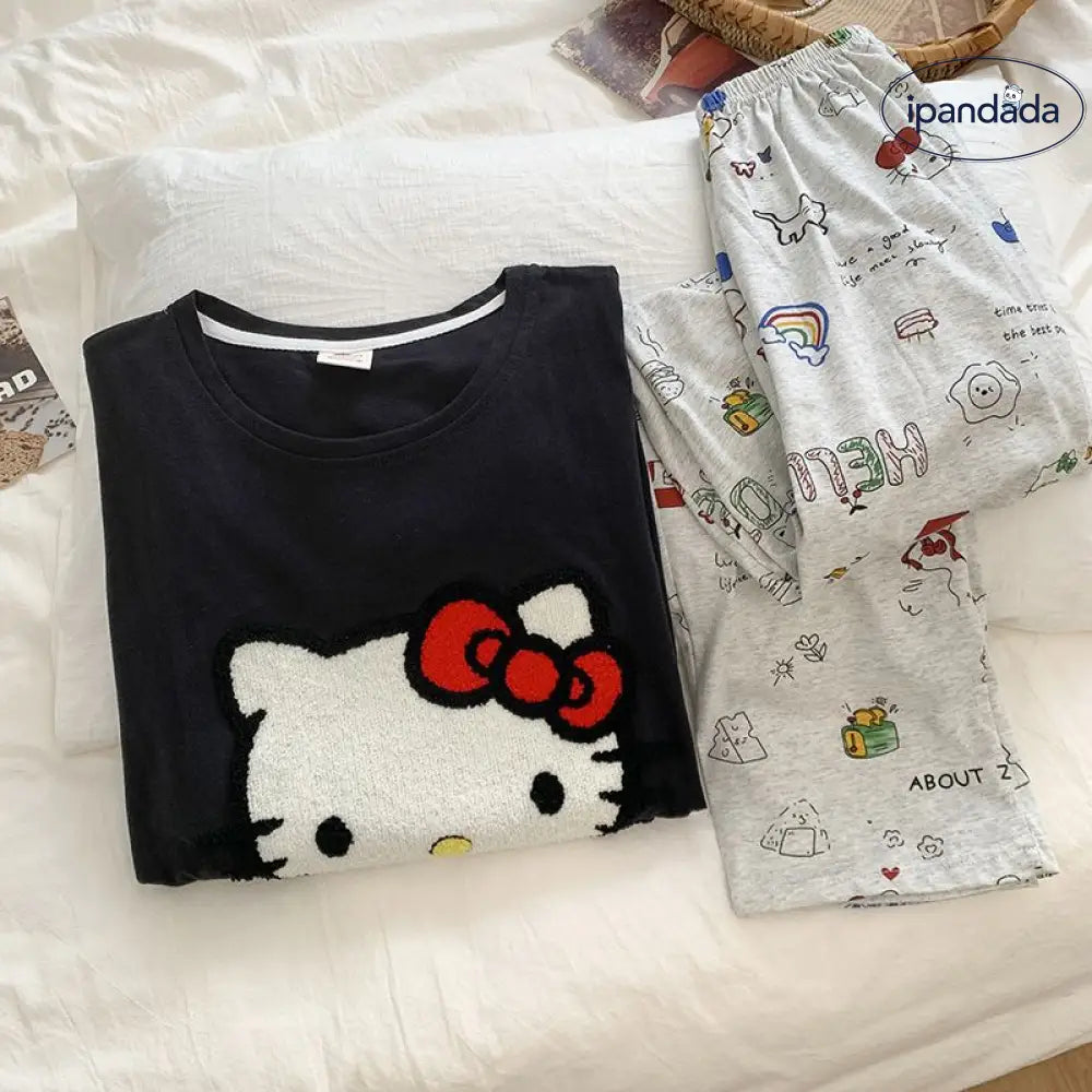 黒 長袖 パンツ ハローキティ 綿100%  レディース パジャマ セットアップ ラウンドネック キャラクター かわいい 外出可 ホームウェア 軽やか 着心地 シンプル ナチュラル ルームウェア 自宅用 ID2667