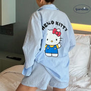 ID448 HELLOK*TTY パジャマ レディース 長袖 短パンツ 開襟パジャマ 前開き 快適 睡眠 おしゃれ かわいい ホテル 春 夏 秋 誕生日 女性 ギフト ブルー / S レディース＞セットアップ