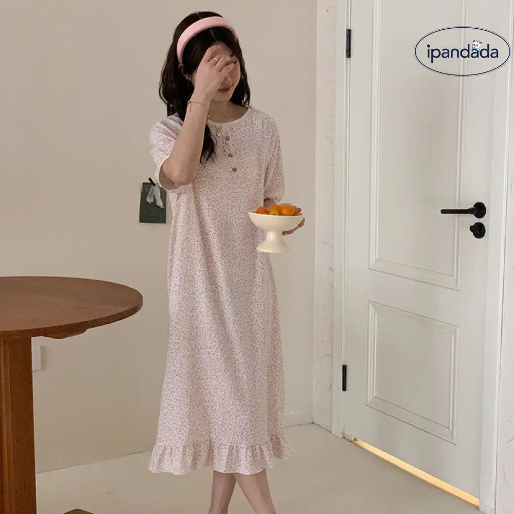 ID1316 ホームドレス レディース 春夏 新作 フロントボタン 立体織 凹凸風 小花柄 薄手 ゆったりシルエット 外出OK カジュアル 肌触りサラサラ 3色展開 通気性抜群 ピンク / フリー レディース＞ワンピース
