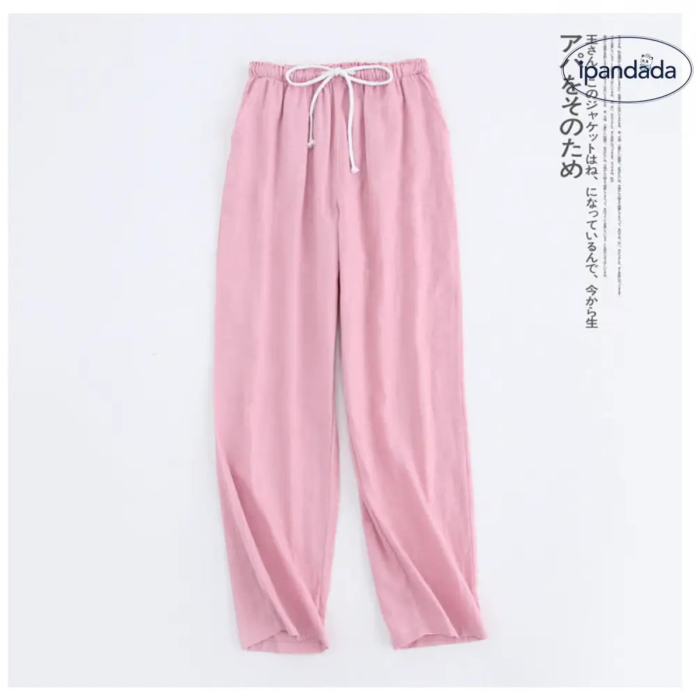 ID1325 ホームパンツ ペア用 メンズ 無地 オーガニック綿 ダブルガーゼ 薄手 ロング丈 お出かけOK 超ゆったり 吸汗速乾 通気性抜群 冷え対策 シンプル フリーサイズ 新作 ピンク / M カップル>ボトムス