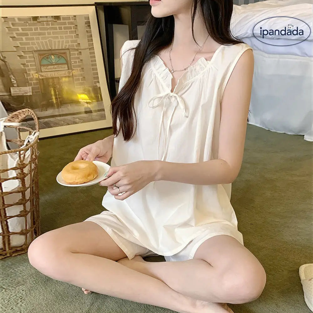 ID1161 ホームウェアセット コットン100% 夏用 ノースリーブ ショートパンツ 薄手 フレンチ 高密度 涼感 通気性 シンプル レディース＞セットアップ