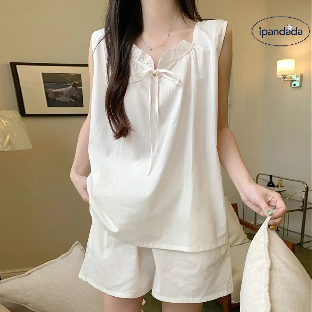 ID1161 ホームウェアセット コットン100% 夏用 ノースリーブ ショートパンツ 薄手 フレンチ 高密度 涼感 通気性 シンプル レディース＞セットアップ