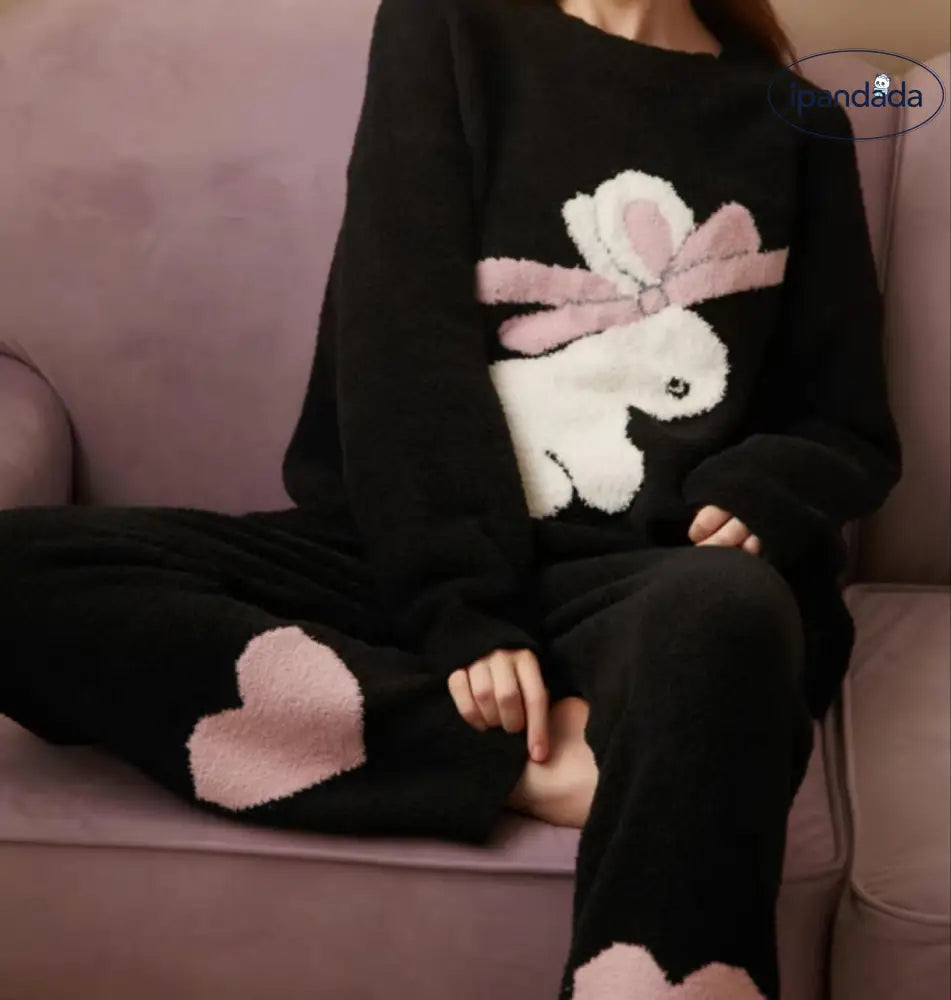 厚手 ふわふわ 保温 レディース 冬用 パジャマ マイクロファイバー ソフト ルームウェア 高級感 パジャマ ID3920 ブラック / フリー