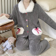 厚手 コーラルフリース 保温 パジャマ レディース 冬 フランネル カーディガン ルームウェア セット ID3592 グレー / M