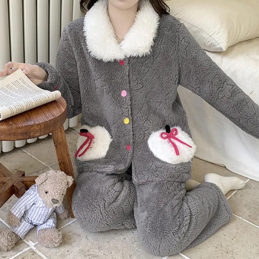 厚手 コーラルフリース 保温 パジャマ レディース 冬 フランネル カーディガン ルームウェア セット ID3592 グレー / M