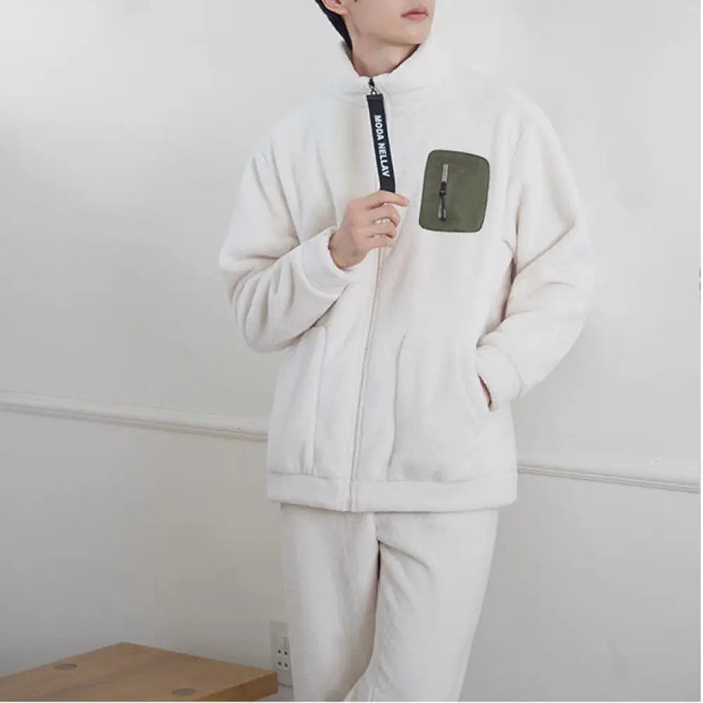 厚手 パジャマ カップル 保温 レディース 長袖 サンゴフリース ルームウェア メンズ ID3539 アイボリー / メンズL