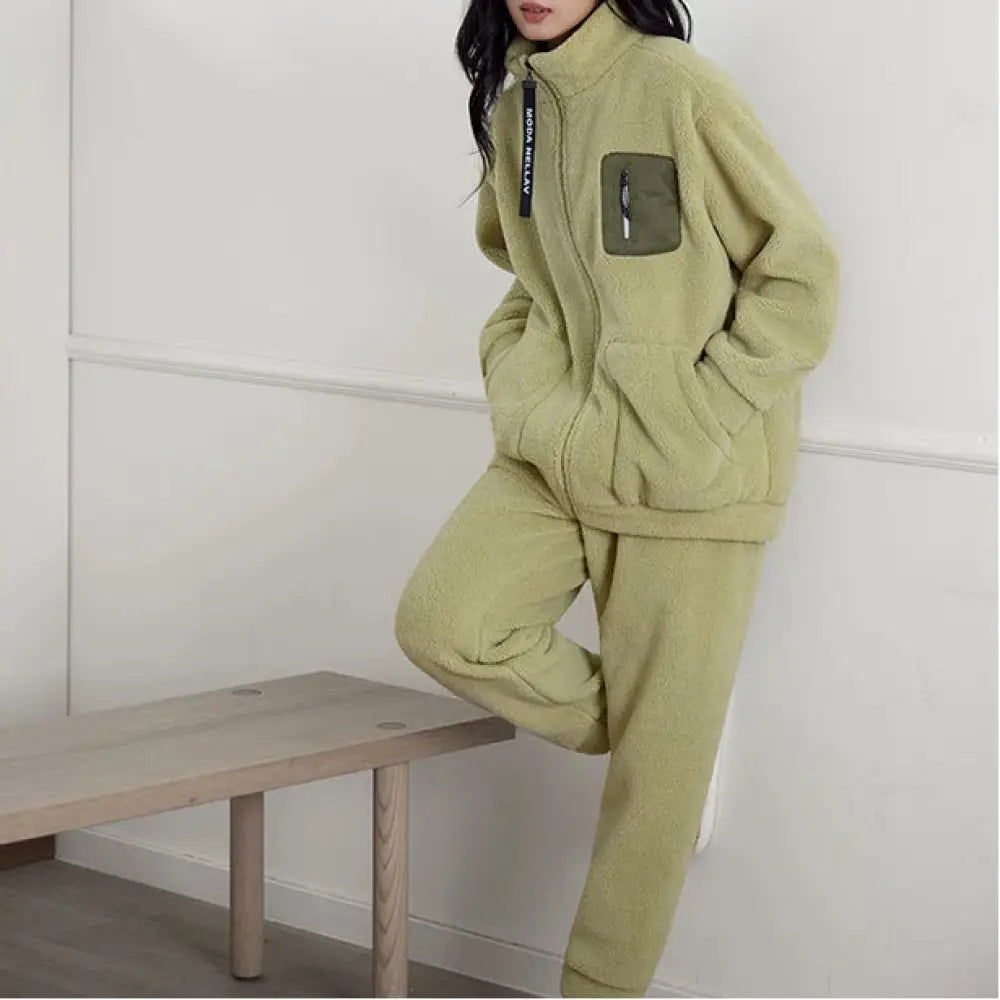 厚手 パジャマ カップル 保温 レディース 長袖 サンゴフリース ルームウェア メンズ ID3539 グリーン / レディースＭ