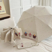 ID1435 花柄プリント 遮光100%ブラックコート ショルダーバッグ付き 全自動開閉 3段折りたたみ 学生に人気 おしゃれ 落書き風 晴雨兼用 UVカット99% 遮熱 耐風強化 軽量 コンパクト