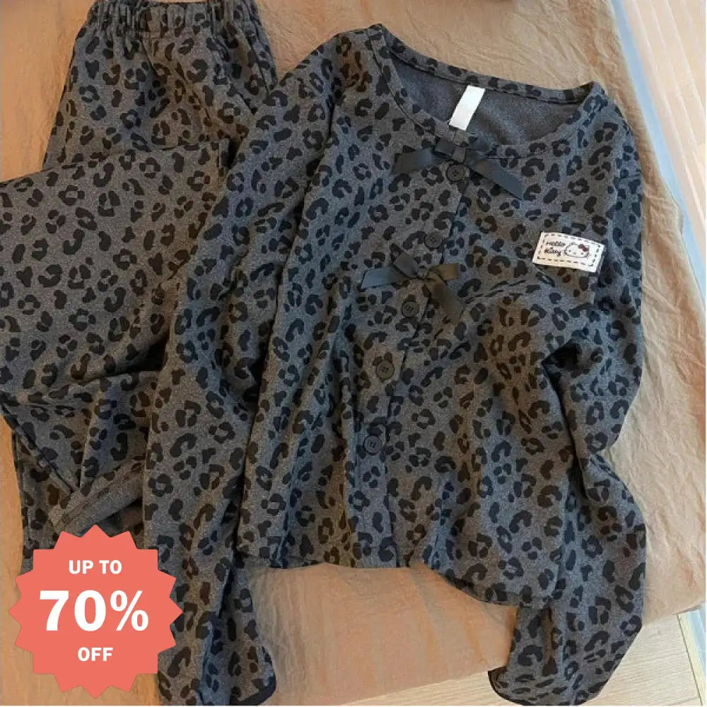 ヒョウ柄 デロン パジャマ レディース 秋冬新作 ふんわり 保温 長袖 ルームウェア セット ID3603