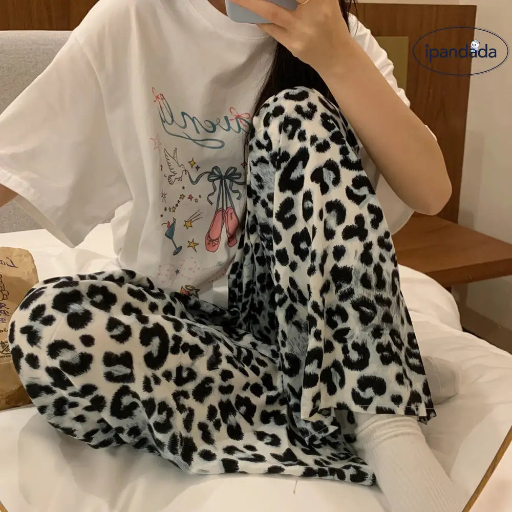 ヒョウ柄 パジャマパンツ レディース 秋用 甘くクールな ストレート フィット ワイド カジュアル 外出可能 ルームウェア ロングパンツ ID1814