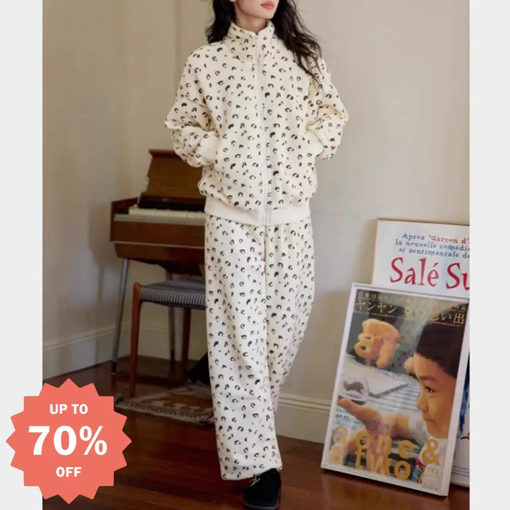 ヒョウ柄 外でも着られる ルームウェア レディース もこもこ 冬 ロングパンツ 部屋着 上下セット ナイトウェア セットアップ ヒョウ柄 / M レディース＞セットアップ