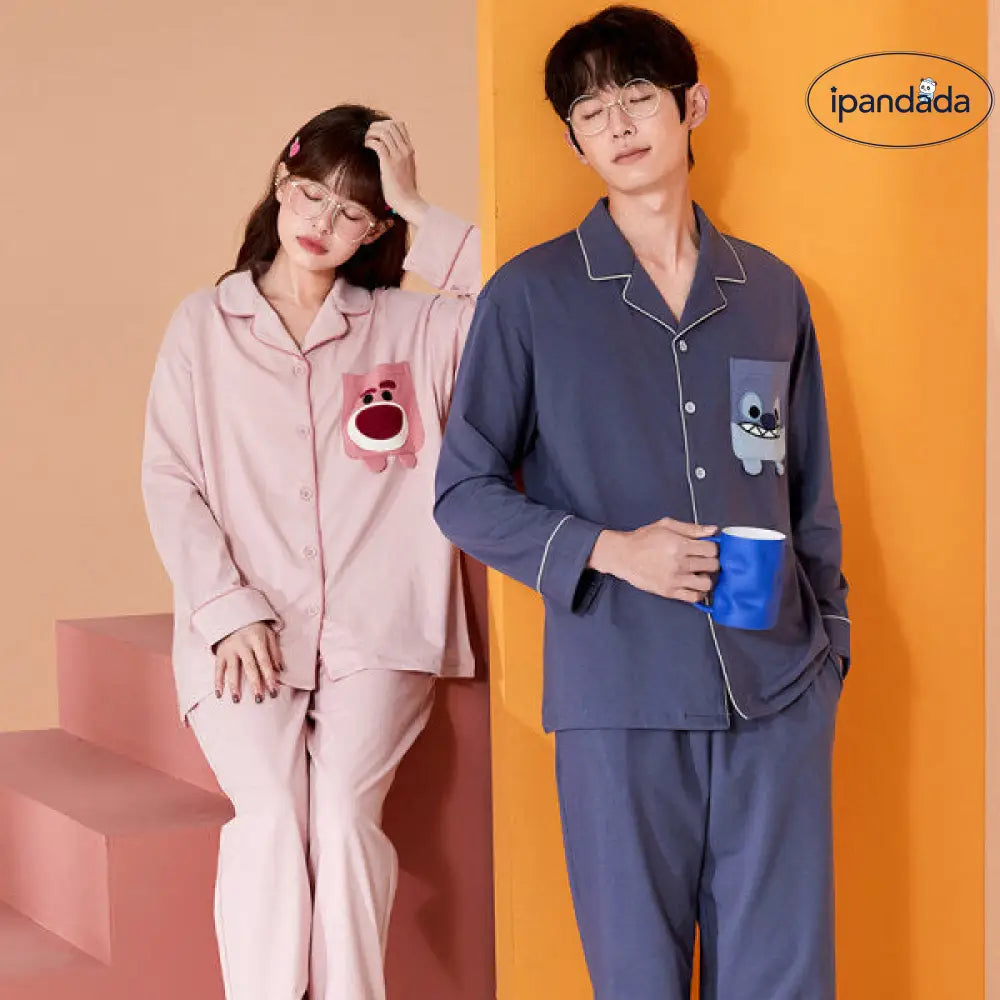 いちご熊 スティッチ カップル パジャマ セット 長袖 ルームウェア 綿 かわいい ゆったり 春秋 彼氏彼女 プレゼント 自宅着 おうち時間 通販 ギフト 誕生日 記念日 ID4089