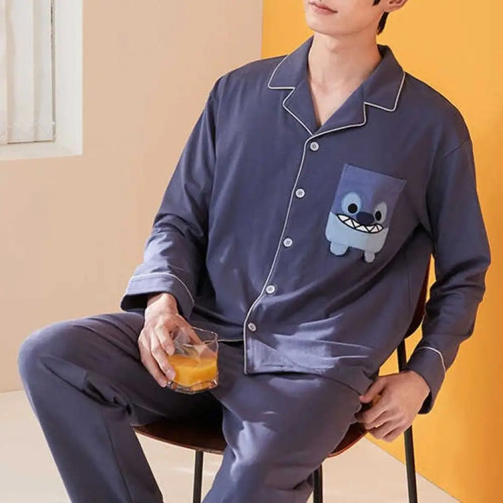 いちご熊 スティッチ カップル パジャマ セット 長袖 ルームウェア 綿 かわいい ゆったり 春秋 彼氏彼女 プレゼント 自宅着 おうち時間 通販 ギフト 誕生日 記念日 ID4089 写真通り / メンズL