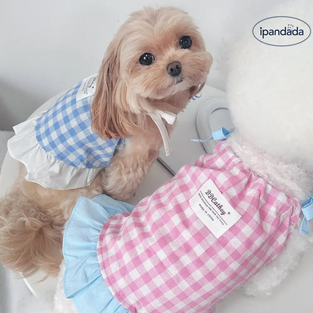 ID1007 ペット服 夏用 犬 猫用 クール 新作 かわいい ノースリーブ チェック ワンピース ビションフリーゼ トイプードル ヨークシャーテリア 通気性 涼感 おしゃれ 軽量 ペット用品＞ウェア