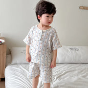 ID1017 親子用 ガーゼ綿100% パジャマセット キッズ 半袖＆ショーツ 夏用 エアコン対応 肌ざわり最高 ブルーストライプ くま / 90cm ベビー＆キッズ