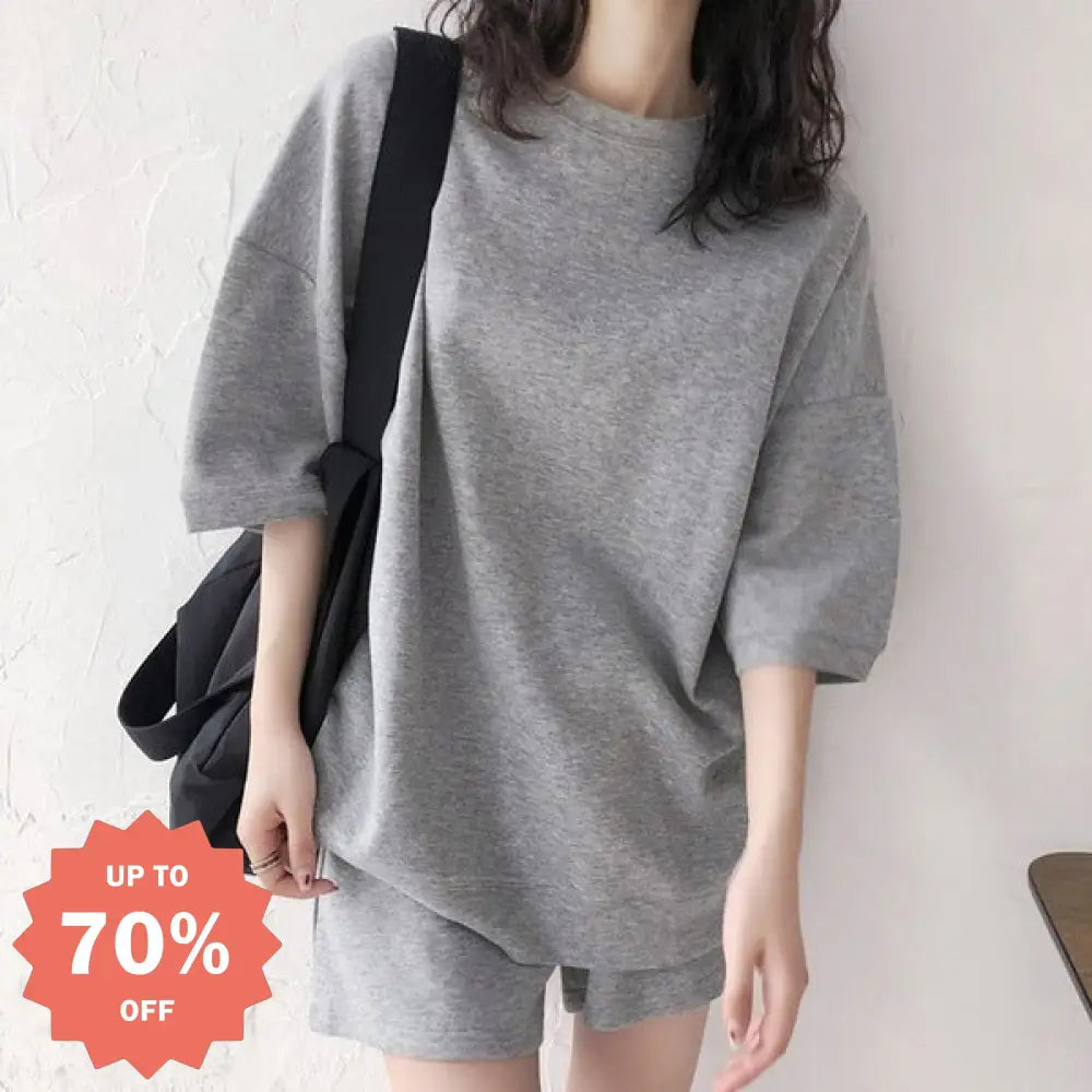 ID1061 パジャマ レディース スポーツ ホームウェア 外出対応 おしゃれ 半袖Tシャツ カジュアル2点セット ハイウエスト プラスサイズショートパンツ ライトグレー / M 外出着＞セットアップ