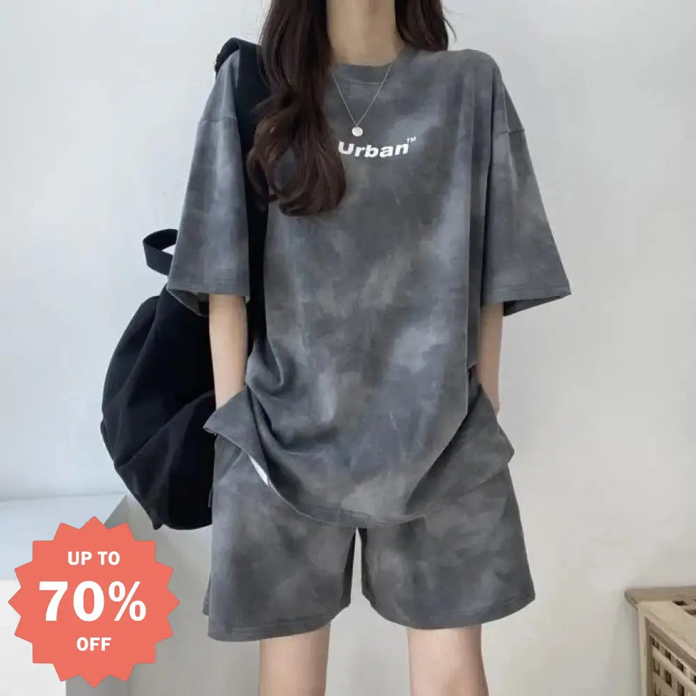 ID1063 5カラー レディース 夏用 スポーツウェア 薄手 ペティットサイズ Tシャツ＆ショートパンツ セット カジュアル ホームウェア 外出対応 グレー / M 外出着＞セットアップ
