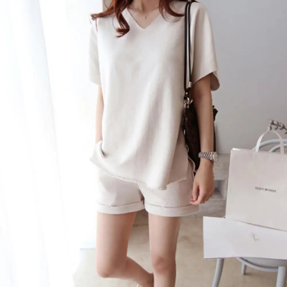ID1134 2点セット カジュアル スポーツ 半袖Tシャツ＆ショートパンツ 夏用 ルーズフィット プラスサイズ 女性用 ベージュ / M 外出着＞セットアップ