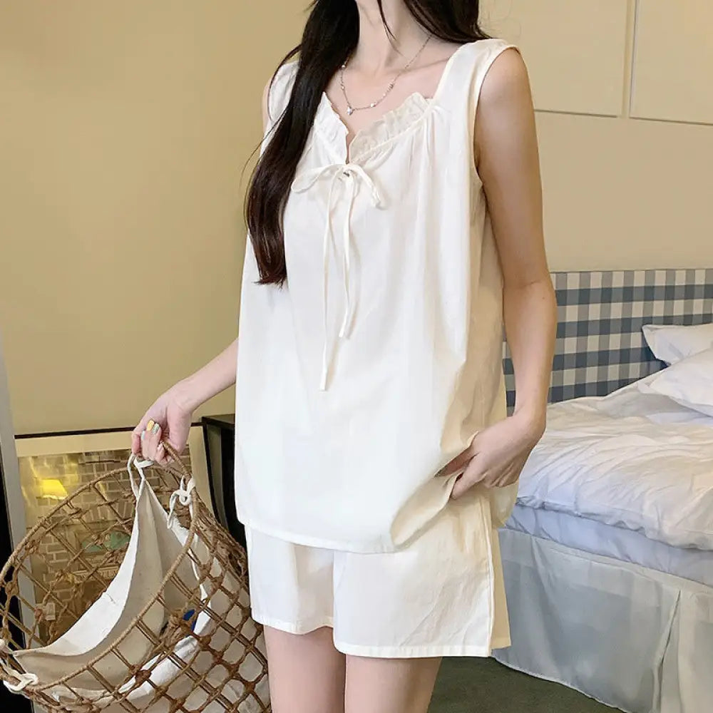 ID1161 ホームウェアセット コットン100% 夏用 ノースリーブ ショートパンツ 薄手 フレンチ 高密度 涼感 通気性 シンプル ホワイト / M レディース＞セットアップ