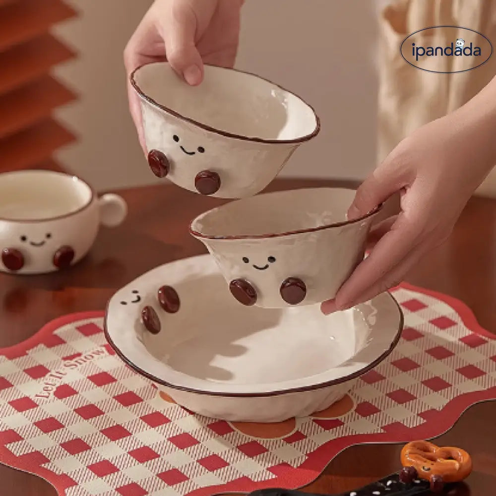 ID1212 かわいいココアビーンズ浮き彫り 陶器食器セット ご飯茶碗・マグカップ・プレート レンジ/食洗機対応 ギフトに最適 インテリア雑貨＞その他