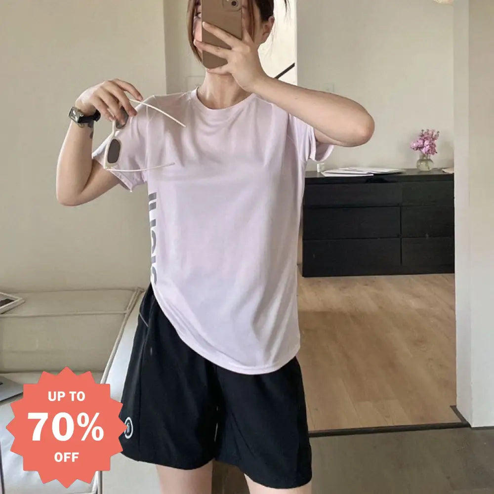 ID1297 スポーツウェア レディース 夏 ランニング アウトドア Tシャツ ショートパンツ セットアップ 通気性 速乾 吸汗 超軽量 快適 膝上丈 2点セット 全6色 ライトパープル / M 外出着＞セットアップ