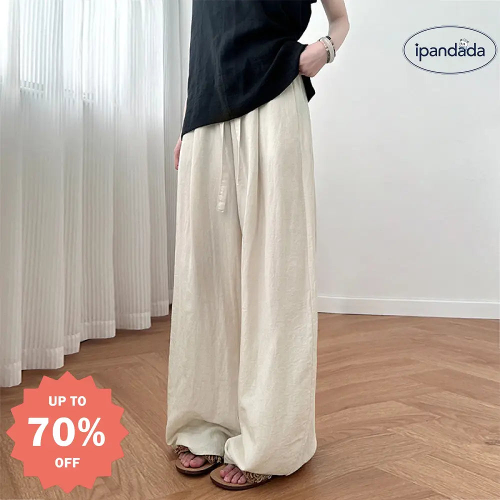 ID1329 【天麻混】レディース ワイドパンツ 夏用 薄手 ハイウエスト ゆったり 垂れ感抜群 リラックス 通気性 洗濯機OK おしゃれ