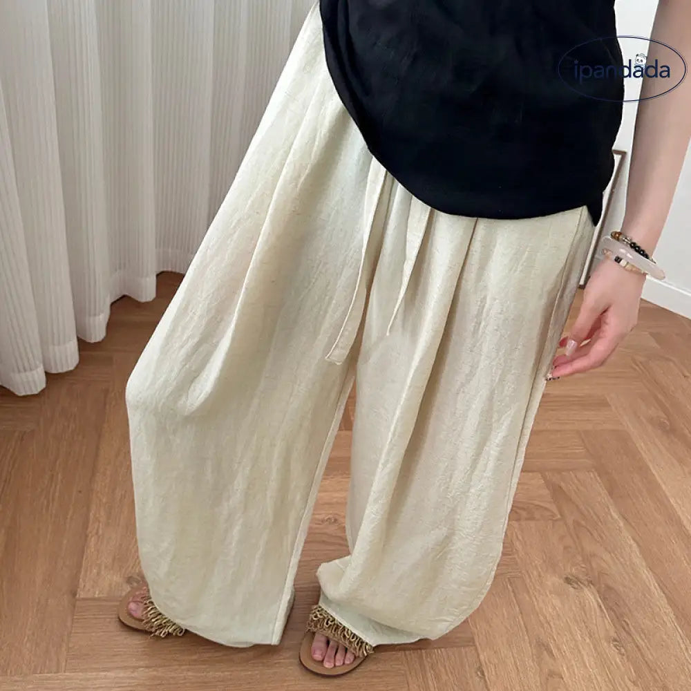 ID1329 【天麻混】レディース ワイドパンツ 夏用 薄手 ハイウエスト ゆったり 垂れ感抜群 リラックス 通気性 洗濯機OK おしゃれ