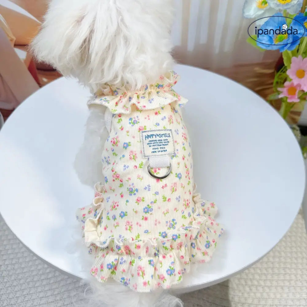ID1341 春夏用 ペット服 犬猫兼用 フローラルプリント プリンセスドレス ビション用 薄手軽量 通気性抜群 UVカット 洗える おしゃれ かわいい