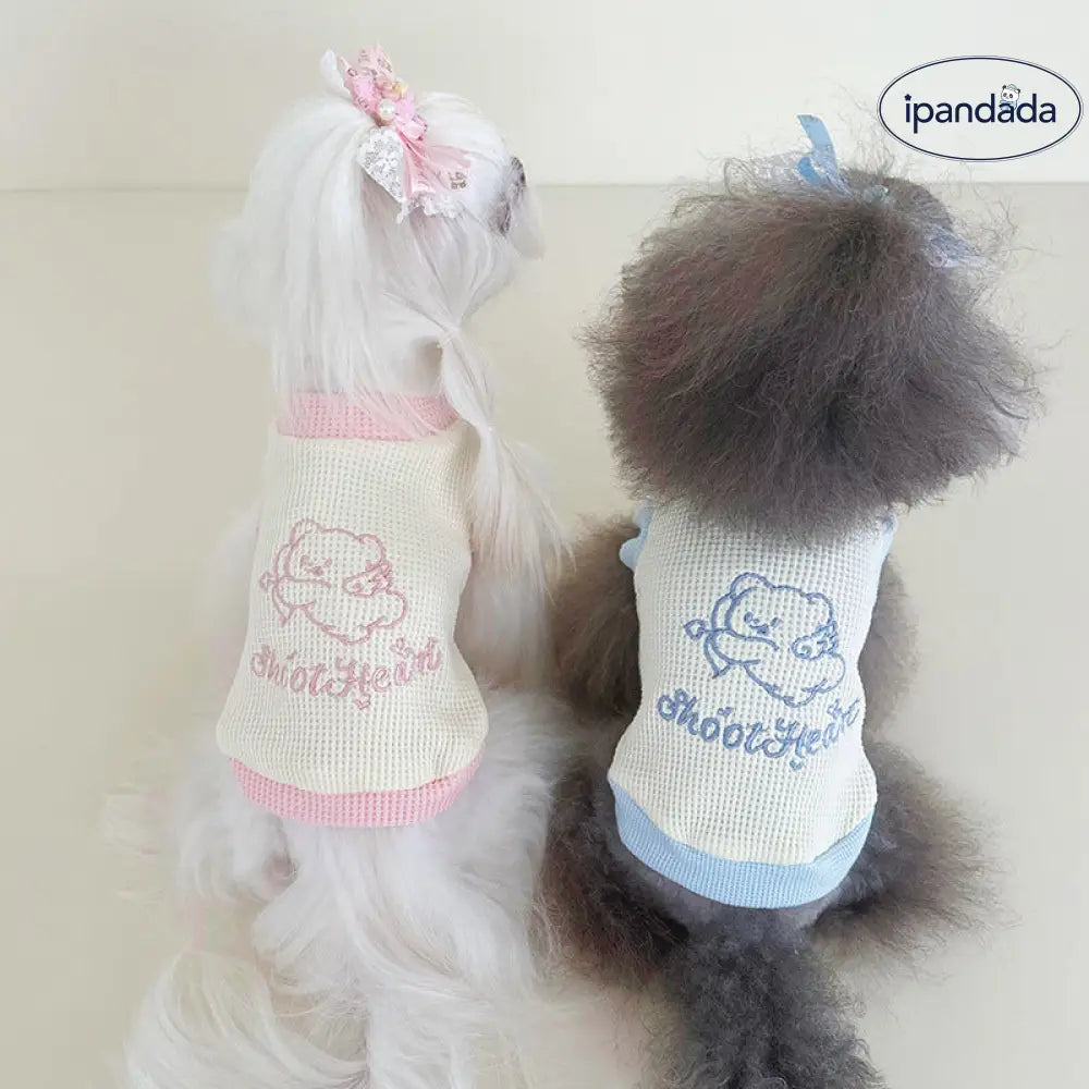 ID1361 ペット服 犬猫兼用 ワッフル編み 刺繍 カラーブロック マカロンカラー ドレス＆プルオーバー ペア用 薄手軽量 通気性抜群 洗える おしゃれ かわいい