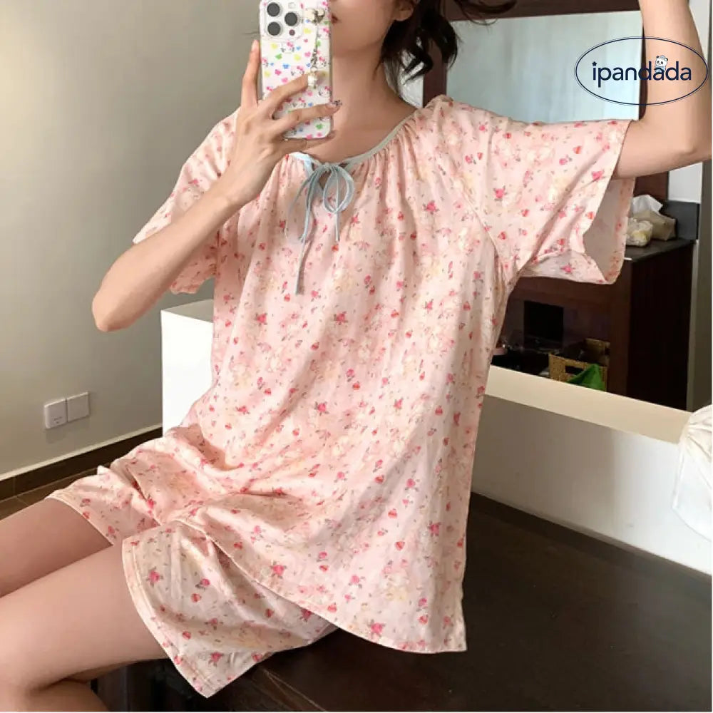 ID1432 カントリー花柄 リボンタイ パジャマセット レディース 夏用 半袖＆ショートパンツ ゆったり 快適 ルームウェア
