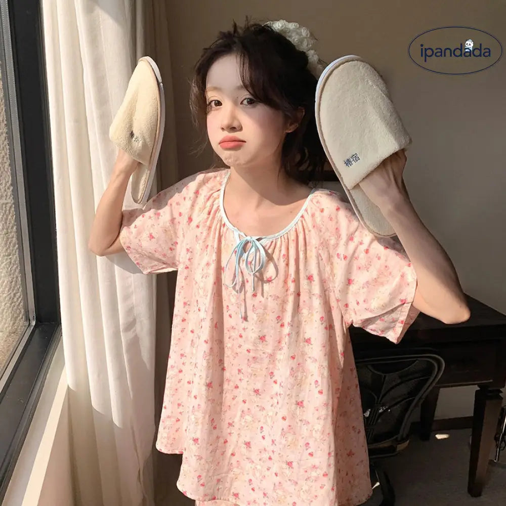 ID1432 カントリー花柄 リボンタイ パジャマセット レディース 夏用 半袖＆ショートパンツ ゆったり 快適 ルームウェア