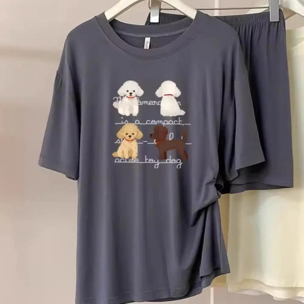 ID1675 ワンちゃん柄 モダール混 パジャマセット 半袖トップス＆ショートパンツ 薄手で涼しい おうちコーデにぴったり 女性用 ダークグレー / M レディース>セットアップ