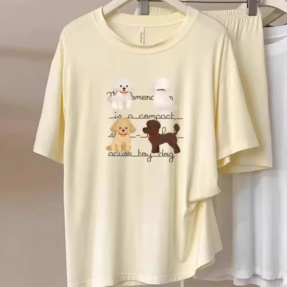 ID1675 ワンちゃん柄 モダール混 パジャマセット 半袖トップス＆ショートパンツ 薄手で涼しい おうちコーデにぴったり 女性用 イエロー / M レディース>セットアップ