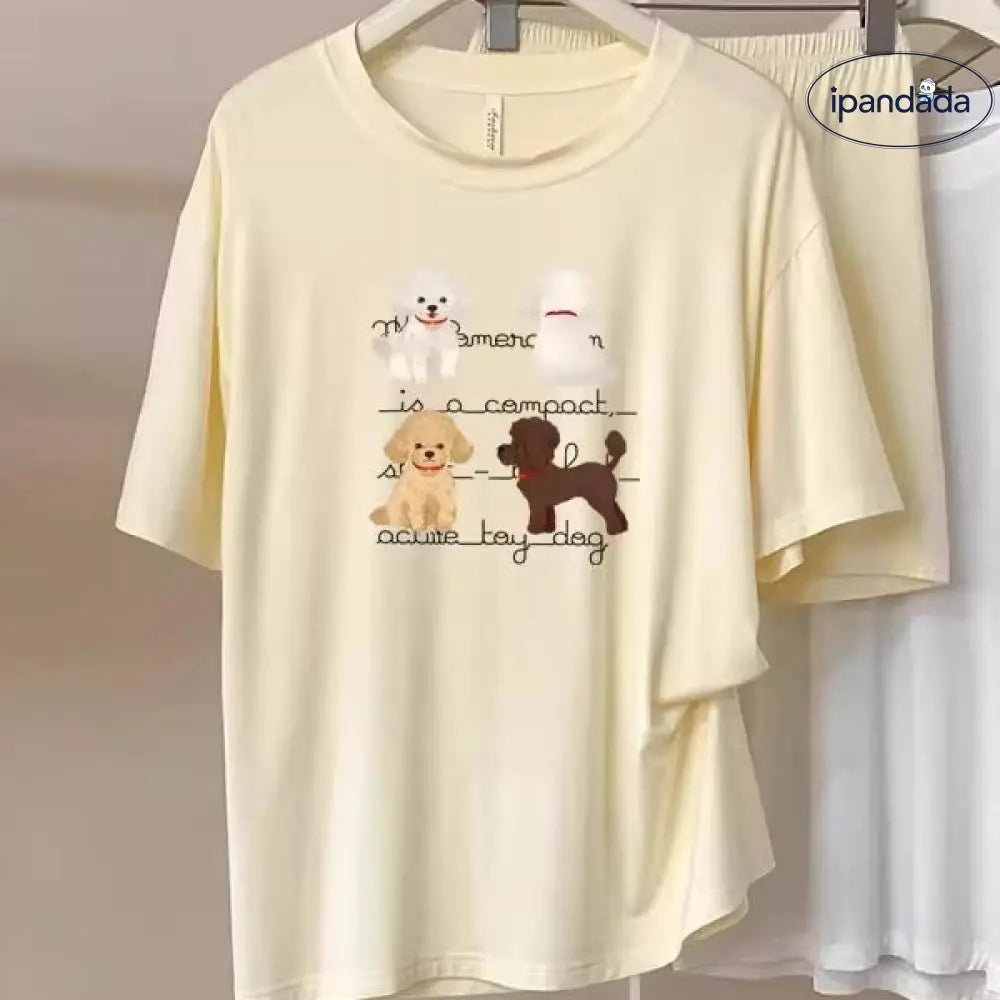 ID1675 ワンちゃん柄 モダール混 パジャマセット 半袖トップス＆ショートパンツ 薄手で涼しい おうちコーデにぴったり 女性用
