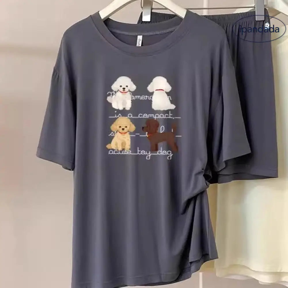 ID1675 ワンちゃん柄 モダール混 パジャマセット 半袖トップス＆ショートパンツ 薄手で涼しい おうちコーデにぴったり 女性用