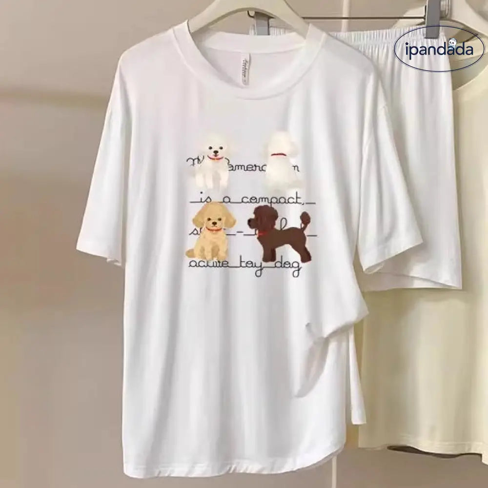 ID1675 ワンちゃん柄 モダール混 パジャマセット 半袖トップス＆ショートパンツ 薄手で涼しい おうちコーデにぴったり 女性用